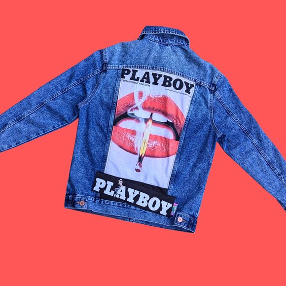 SOLD Handmade, Upcycled Playboy Denim Jacket Size US 4, (M) - Picture 3 of 4
